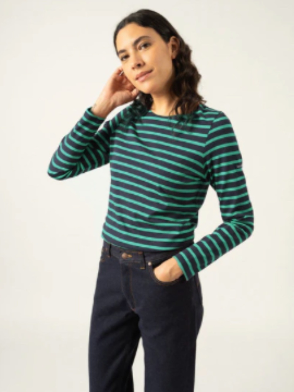 Saint James Minquidame Breton Top – Navy/Kelly Green Stripe – Size 2
